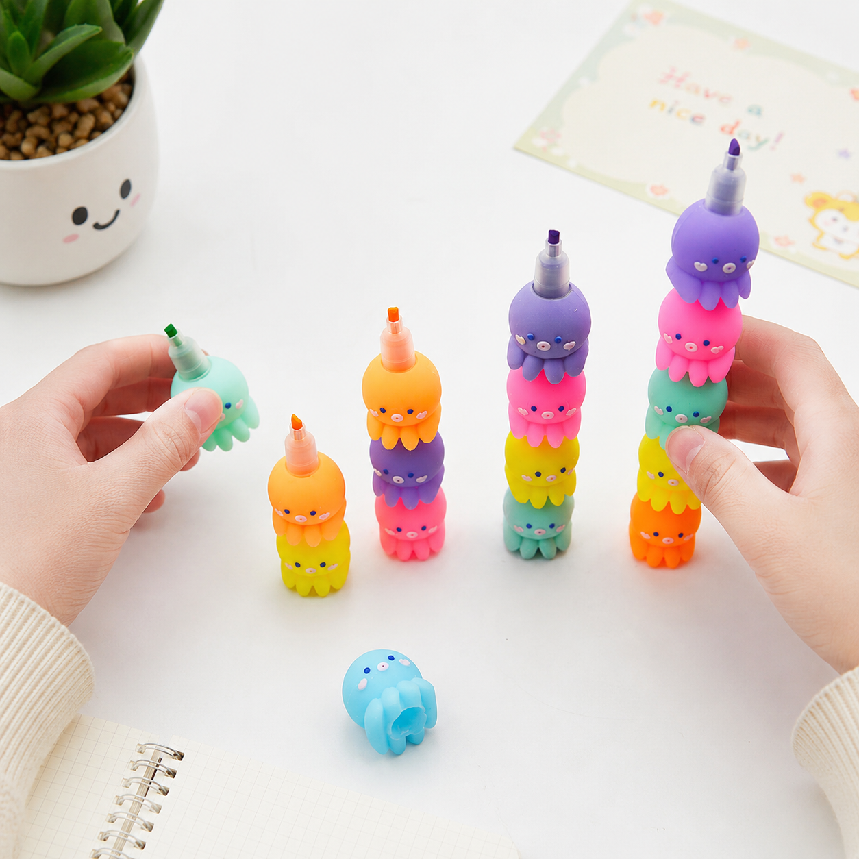 Macron Color Cute Kawaii Animal Octopus Flower Heart Shape Splicing Multi-section Cartoon Bear Pastel Stackable DIY Highlighter - 图片 3